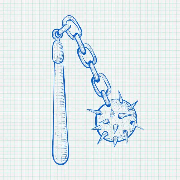 Vector illustration of Flail. Medieval weapon - spiked metal ball with chain. Blue hand drawn sketch on lined paper background