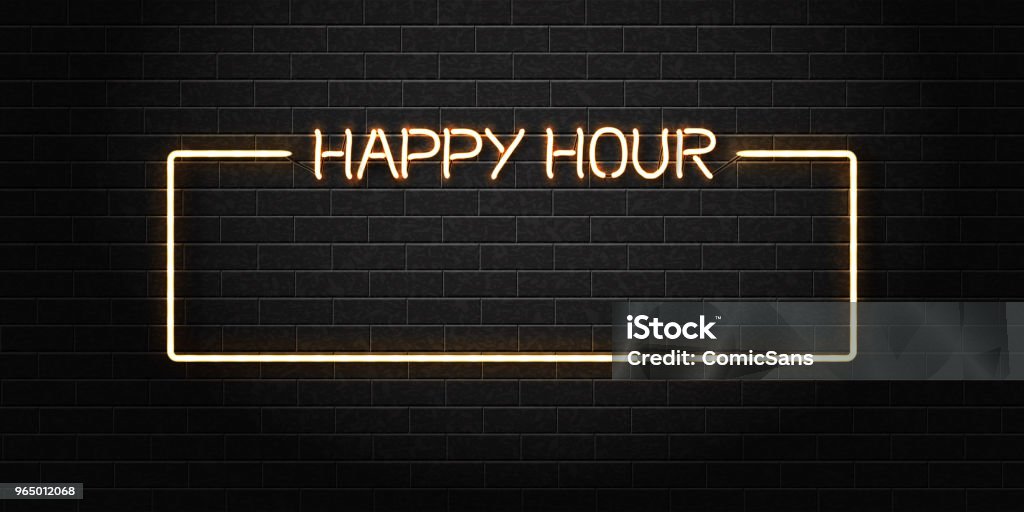 Vector réaliste isolé au néon de trame de l’Happy Hour pour la décoration et la couverture sur le fond du mur. Concept de boite de nuit, boissons gratuites, bar comptoir et restaurant. - clipart vectoriel de Happy Hour libre de droits