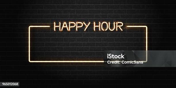 Vector Realistic Isolated Neon Sign Of Happy Hour Frame For Decoration And Covering On The Wall Background Concept Of Night Club Free Drinks Bar Counter And Restaurant Stock Illustration - Download Image Now