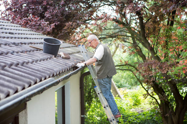 istock senior man stands on ladder and cleans a roof gutter 965015392