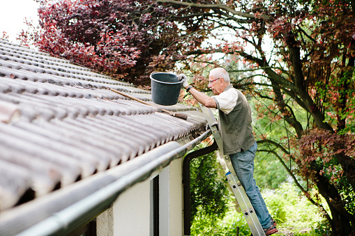 working seniors: A senior man stands on a ladder and cleans a roof gutter of a house