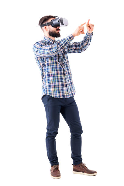 Side view of business man with virtual reality glasses doing resize or zoom gesture with fingers Side view of business man with virtual reality glasses doing resize or zoom gesture with fingers. Full body isolated on white background. resize stock pictures, royalty-free photos & images