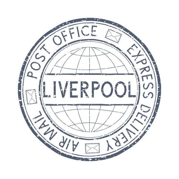 리버풀, 영국 제목 우편 스탬프입니다. 라운드 블랙 소인 - liverpool stock illustrations