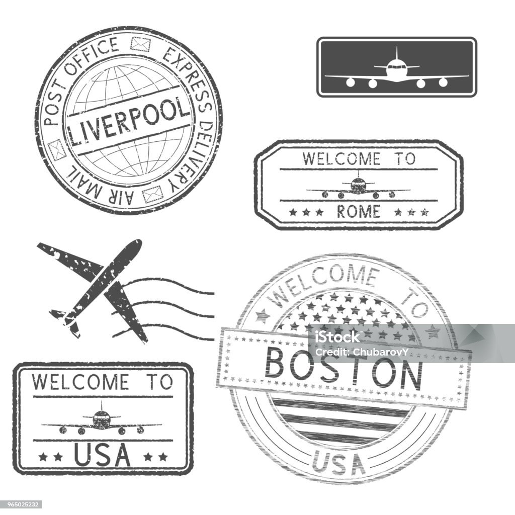 Set of tourist and postal stamps Set of tourist and postal stamps. Vector illustration isolated on white background Boston - Massachusetts stock vector