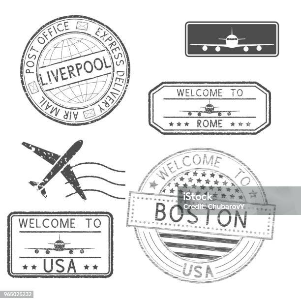 Set Of Tourist And Postal Stamps Stock Illustration - Download Image Now - Boston - Massachusetts, Postage Stamp, Travel