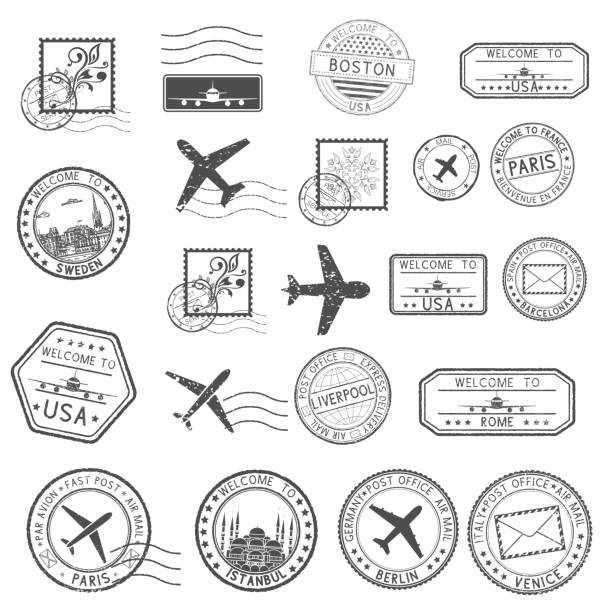 スタンプを投稿します。黒消印と旅行歓迎スタンプのセット - stamps postage点のイラスト素材／クリップアート素材／マンガ素材／アイコン素材