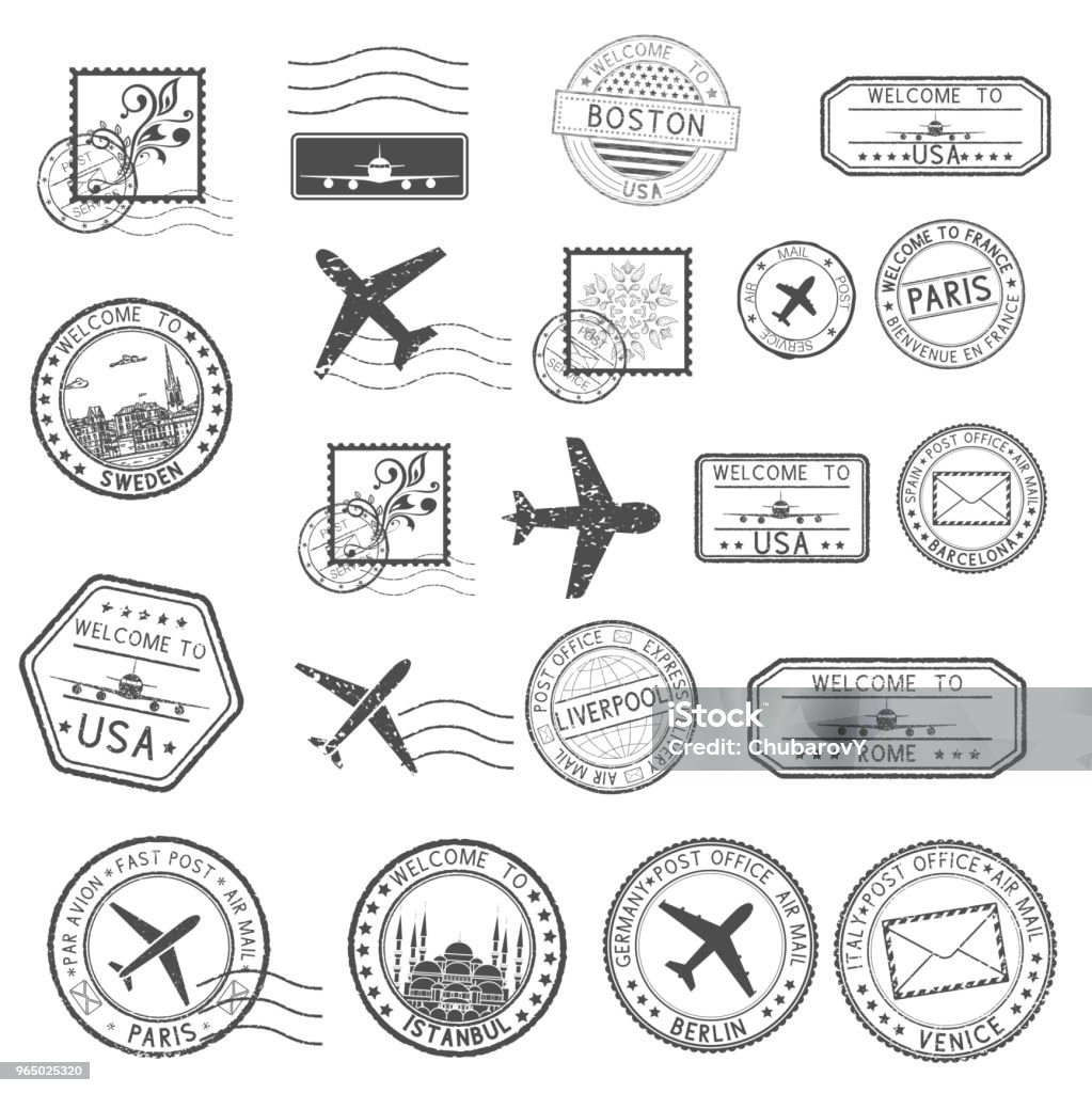 Post stamps. Set of black postmarks and travel Welcome stamps Post stamps. Set of black postmarks and travel Welcome stamps. Vector illustration isolated on white background Postage Stamp stock vector