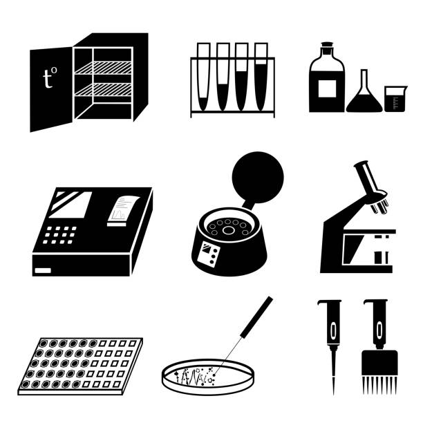 Microbiology test analysis vector icons Silhouettes of microbiology icons set. Laboratory analysis, tests and equipment. Black and white vector illustration isolated on white background laboratory bacterium petri dish cell stock illustrations