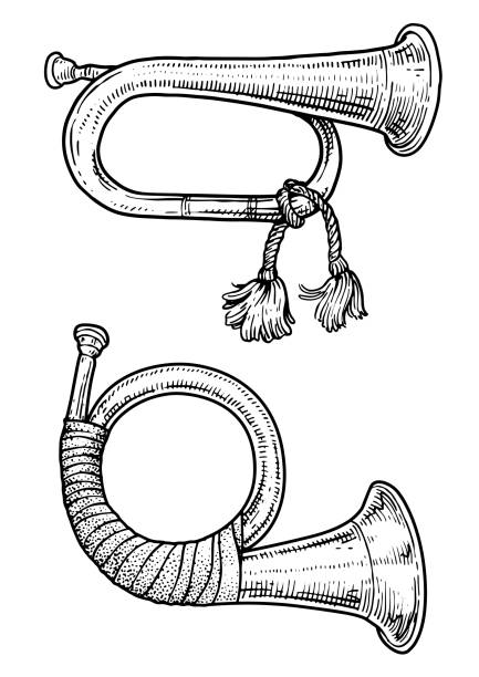 ilustracja rogów myśliwskich, rysunek, grawerowanie, tusz, grafika liniowa, wektor - bugle cavalry trumpet brass instrument stock illustrations