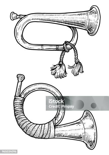 Hunting Horn Illustration Drawing Engraving Ink Line Art Vector Stock Illustration - Download Image Now