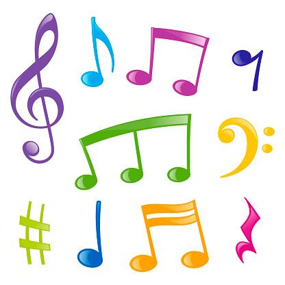 Set of musical signs of different colors, cartoon style