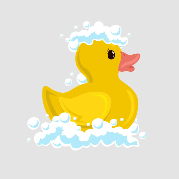 illustrazioni stock, clip art, cartoni animati e icone di tendenza di icona dell'anatra da bagno con anatra su sfondo bianco - rubber duck rubber toy yellow