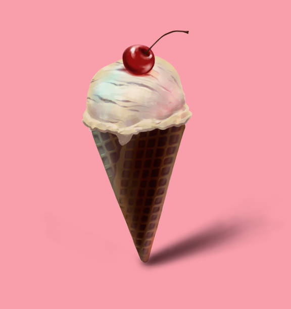 istock Summer minimalism illustration, creative concept. Digital hand drawn vanilla ice cream in the waffel chocolate cone with with cherry 965045892