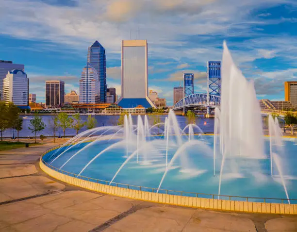 Photo of Water flows in the Friendship Fountain at Jacksonville Florida skyline