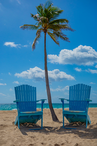 two chairs on sand, blue chairs, two Adirondack chairs with palm tree