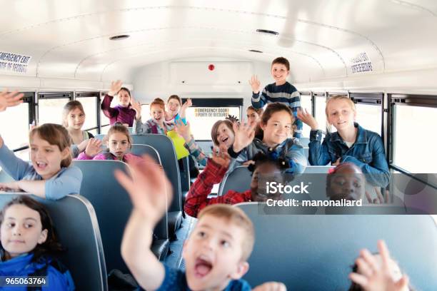 Students Inside A School Bus At The Schools Out Stock Photo - Download Image Now - 10-11 Years, 8-9 Years, African Ethnicity