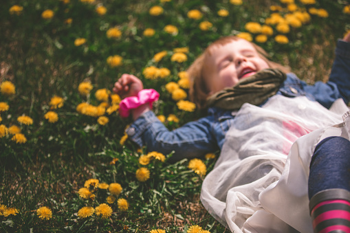 Little girl rolling and playing in the flowers