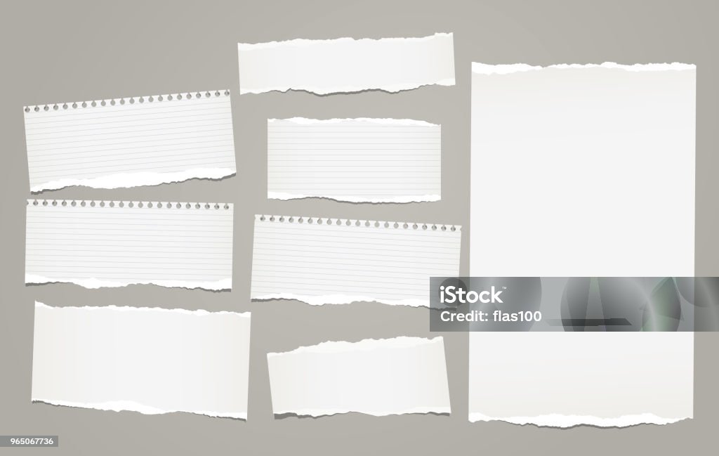 Blanches lignées note déchirée, morceaux de papier pour ordinateur portable pour texte collé sur fond gris. Illustration vectorielle. - clipart vectoriel de En papier libre de droits