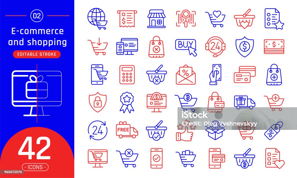 Online shopping and e-commerce line icons set. Suitable for banner, mobile application, website. Editable stroke Basket stock vector