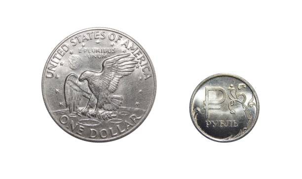 istock Ruble coin with dollar on isolated white background 965081806