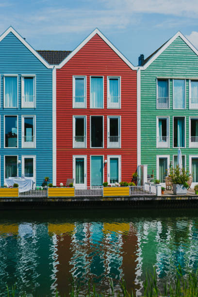 Colorful buildings near the lake in Houeten, the Netherlands
