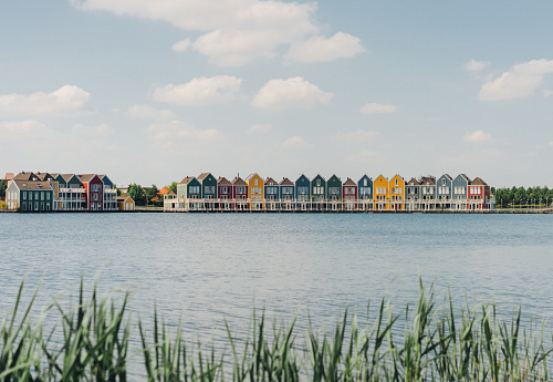 Colorful buildings near the lake in Houeten, the Netherlands