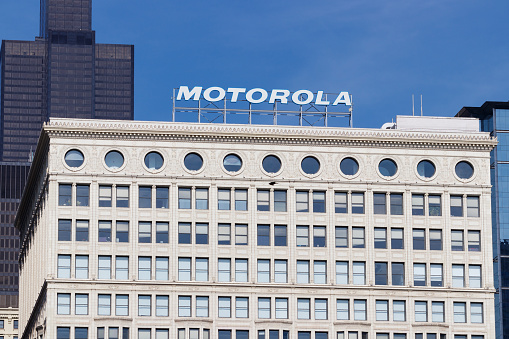 Chicago - Circa May 2018: Motorola Solutions logo atop the Railway Exchange Building. Motorola provides communications solutions for law enforcement and utility workers II