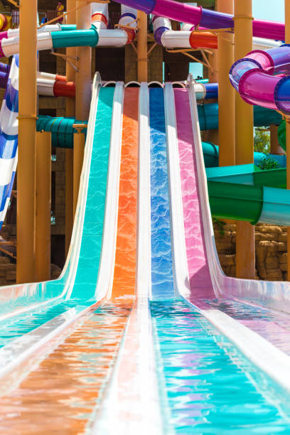 istock Four colorful slide in hotel aqua park 965097386