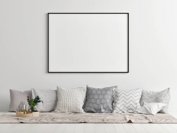 istock Mock up poster, pillows on the floor, comfortable Scandinavian interior concept 965099596