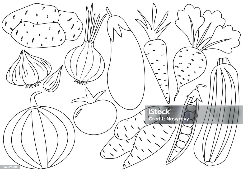 Vegetables cartoon set, icons. Coloring book. Vector illustration Coloring Book Page - Illlustration Technique stock vector