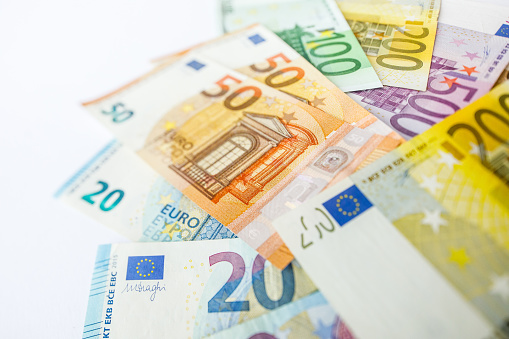 Euro cash. Many Euro banknotes of different values.