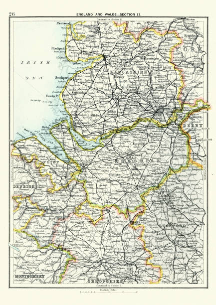 antyczna mapa, lancashire, cheshire, stafford, liverpool, xix wiek - liverpool stock illustrations