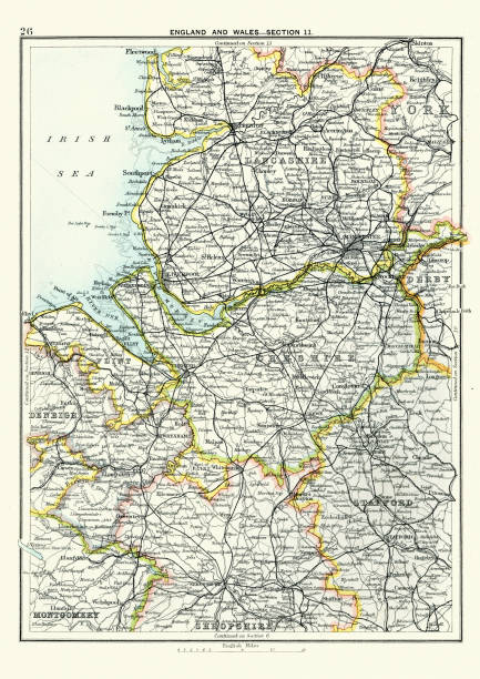 ilustrações de stock, clip art, desenhos animados e ícones de antique map, lancashire, cheshire, stafford, liverpool, 19th century - lancashire