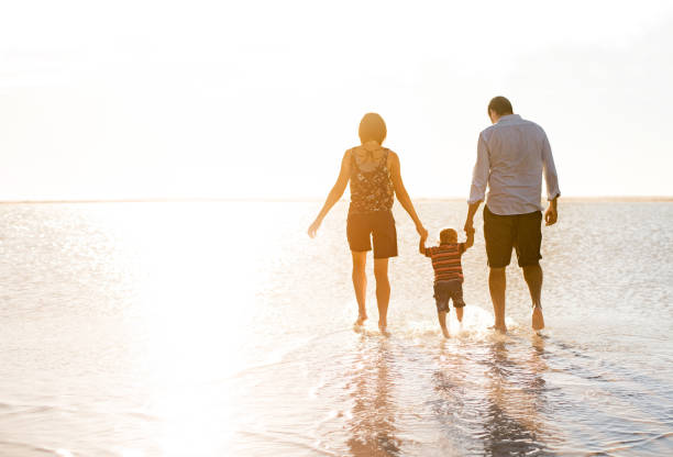 istock Beautiful family holding hands walking on the beach 965139604