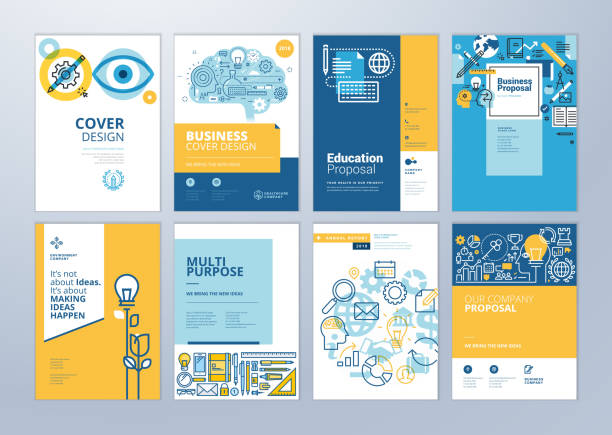 Set of brochure design templates on the subject of education, school, online learning Vector illustrations for flyer layout, marketing material, annual report cover, presentation template. progress report stock illustrations