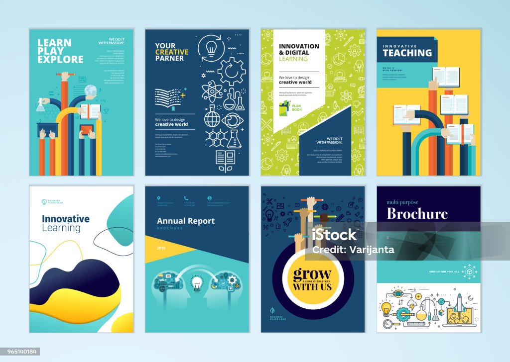 Set of brochure design templates on the subject of education, school, online learning Vector illustrations for flyer layout, marketing material, annual report cover, business presentation template. Education stock vector