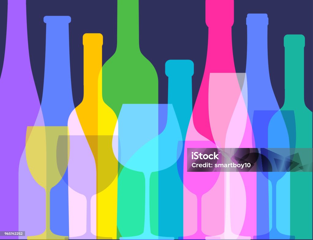 wine bottles and wine glasses Colourful overlapping silhouettes of wine bottles and wine glasses Alcohol - Drink stock vector