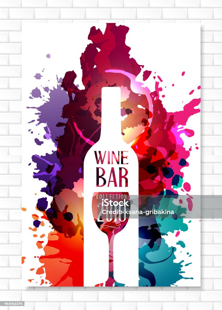 Wine list template for bar or restaurant menu design. Wine list template for bar or restaurant menu design. Creative artistic background with color paint splashes and vine bottle and glass silhouettes. Wine stock vector