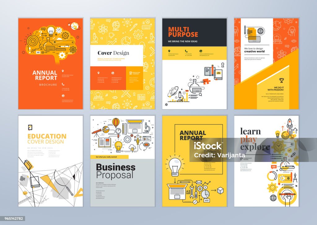 Set of brochure design templates on the subject of education, school, online learning. Vector illustrations for flyer layout, marketing material, annual report cover, presentation template. Education stock vector