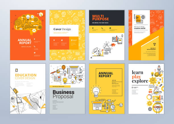Set of brochure design templates on the subject of education, school, online learning. Vector illustrations for flyer layout, marketing material, annual report cover, presentation template. book suggestions stock illustrations