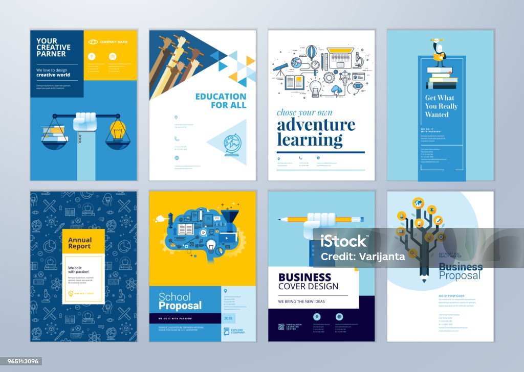 Set of brochure design templates on the subject of education, school, online learning. Vector illustrations for flyer layout, marketing material, annual report cover, presentation template. Education stock vector