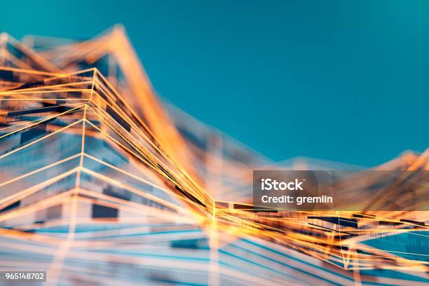 Abstract Wire Frame Data Mountain Background Stock Photo - Download Image Now - Abstract, Technology, Orange Color