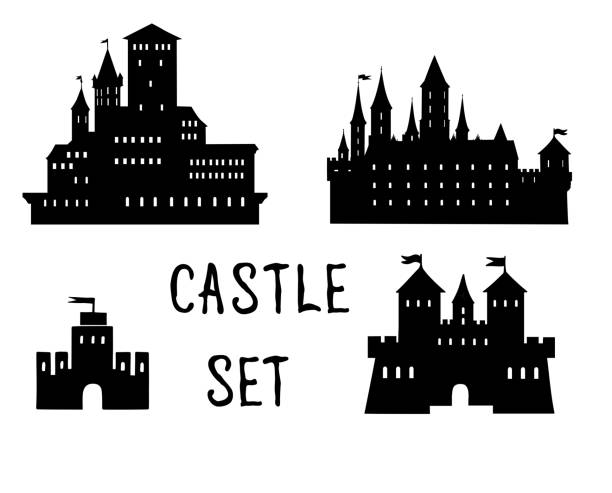 Castle set. Ancient castle building silhouette collection. Castle icon set. Doodle castle building view with tower, handwritten lettering CASTLE castle stock illustrations