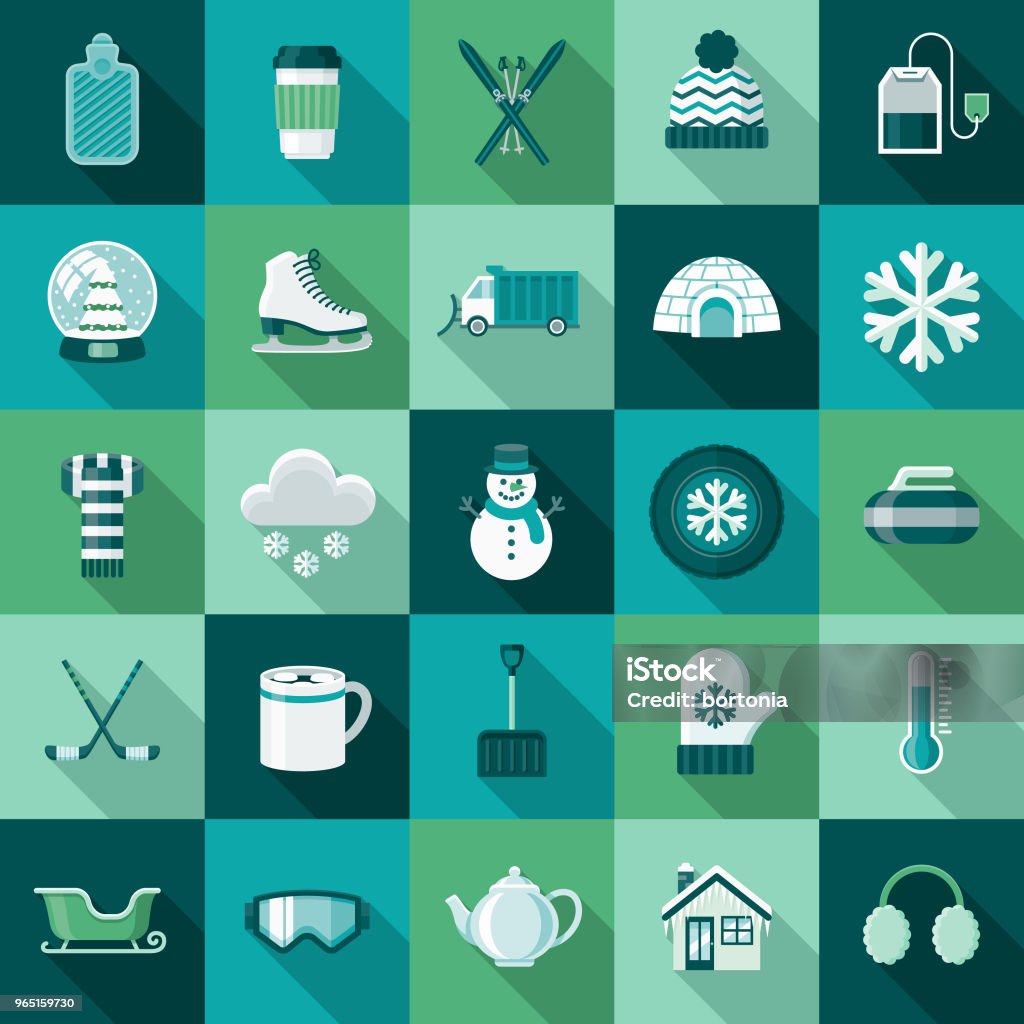 Winter Flat Design Icon Set with Side Shadow A set of flat design styled winter icons with a long side shadow. Color swatches are global so it’s easy to edit and change the colors. Weather stock vector