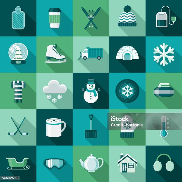 Winter Flat Design Icon Set With Side Shadow Stock Illustration - Download Image Now - Weather, Snow Globe, Vector