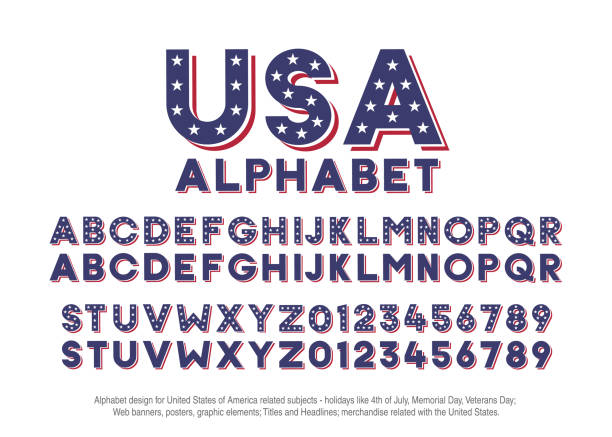 米国旗の色と星の形でアメリカのアルファベット。アメリカ合衆国のベクトル フォント関連する概念 - 第 4 回 7 月、復員軍人の日、記念日。web バナー、ポスター、タイトル、見出し、商品� - patriotism点のイラスト素材／クリップアート素材／マンガ素材／アイコン素材