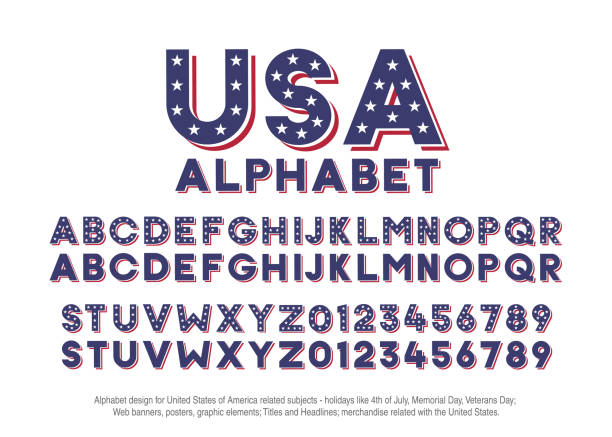 ilustrações de stock, clip art, desenhos animados e ícones de american alphabet with usa flag colors and star shapes. vector font for united states of america related concepts - 4th july, veterans day, memorial day. web banners, posters, titles and headlines, merchandise. - usa independence day fourth of july flag