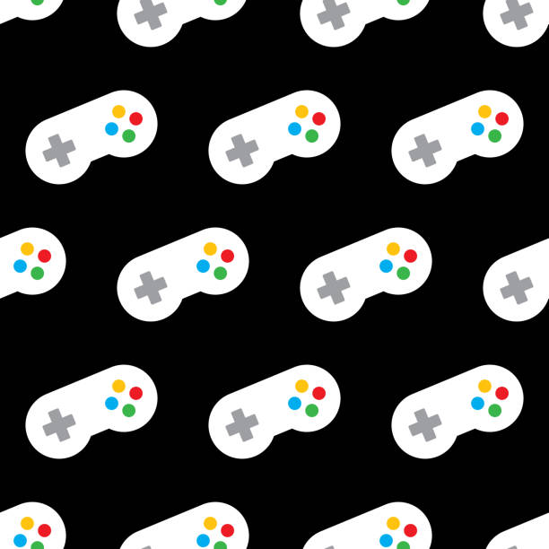 Retro Video Game Controller Pattern Vector illustration of retro video game controllers in a repeating pattern against a black background. fun multiplication games stock illustrations