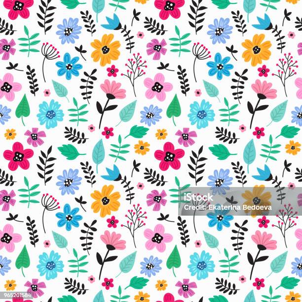 Sans Couture Main Coloré Dessiné Floral Pattern Avec Fleurs Sauvages Simple Style Scandinave Vecteurs libres de droits et plus d'images vectorielles de Fleur - Flore