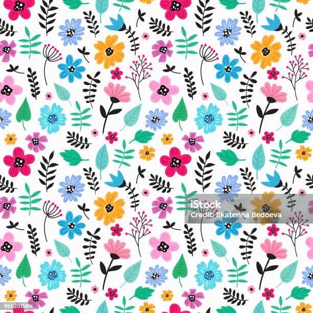 Seamless Colorful Hand Drawn Floral Pattern With Wild Flowers Simple Scandinavian Style Stock Illustration - Download Image Now